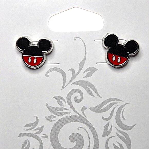Disney Mickey Mouse Head Shaped Red & Black Shorts Silver Toned Stud Earrings - Picture 2 of 4